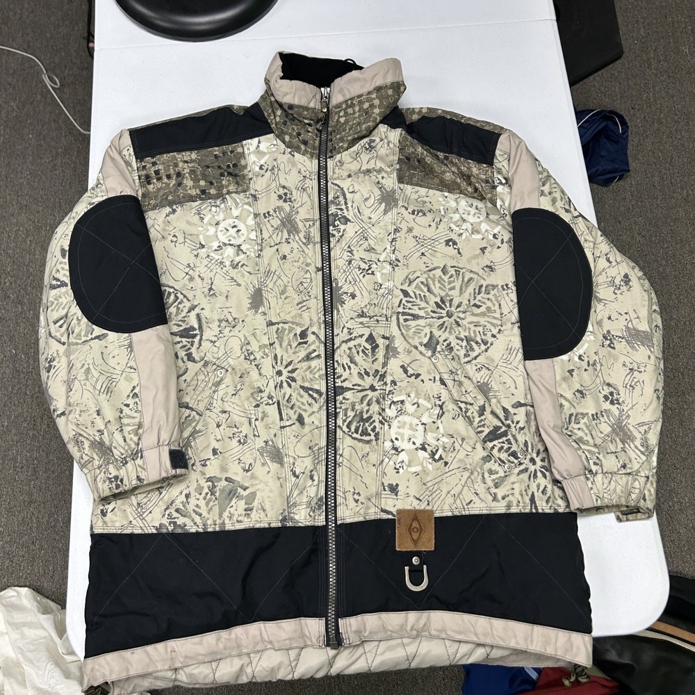 Obermeyer Bohemian Ski Jacket Mens M Beige Black Abstract Print Quilted Padded